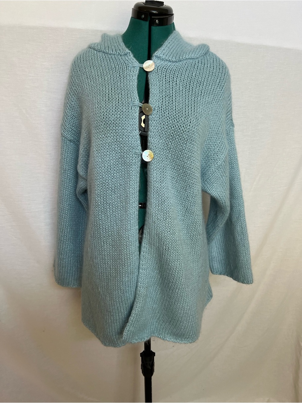 Soft Surroundings Mohair Wool Blend Powder Blue Button-Front Hooded Cardigan